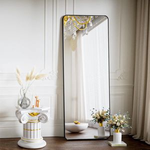 Staande spiegel met afgeronde hoeken, 53 x 163 cm ronde hoeken, full-body spiegel met standaard, grote vloerspiegel, volledige spiegel, wandhanger voor slaapkamer, woonkamer, zwart