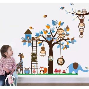 Jumada - Dieren in Boom Sticker - XL - Boom met Dieren - Kinderkamer - Slaapkamer - Muurdecoratie - Apen/Uilen/Giraffe/Olifant - Blauw