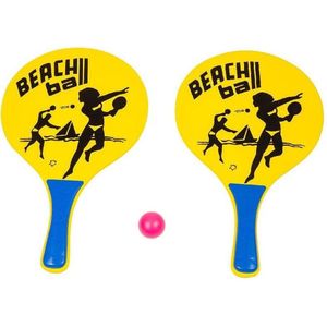 Houten beachball set geel met beachball print- Strand balletjes - Rackets/batjes en bal - Tennis ballenspel