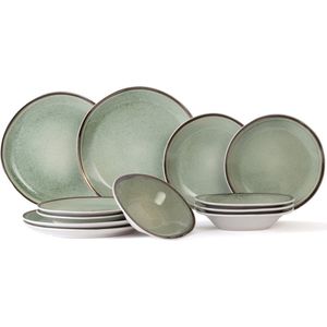 Cosy & Trendy Serviesset Fez - Groen - 12-delig / 4 personen - 4 dinerborden, 4 ontbijtborden en 4 diepe borden