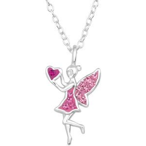 Joy|S - Zilveren fee / elfje hanger - hartje - fairy - inclusief ketting 39 cm (extra oogje bij 36 cm) - zilver met roze en roze kristal