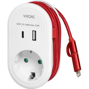 Stopcontact splitter met USB A en USB-C en oplaadkabel - Verdeelstekker verticaal - Verloopstekker 1x Schuko en 2 USB - Doorvoerstekker Max 3680 Watt - Wit