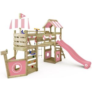 WICKEY speeltoestel klimtoestel StormFlyer met schommel & pastelroze glijbaan, outdoor kinderklimtoren met zandbak, ladder & speelaccessoires voor de tuin