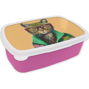 Broodtrommel Roze - Lunchbox - Brooddoos - Dieren - Kat - Bril - Bloemen - Hippie - 18x12x6 cm - Kinderen - Meisje