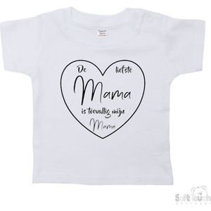 Soft Touch T-shirt Shirtje Korte mouw ""De liefste mama is toevallig mijn mama"" Unisex Katoen Wit/zwart Maat 62/68