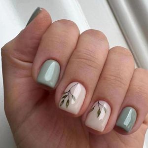24 stuks korte vierkante groene blad ontwerpen nepnagels met zeegroene acrylnagels
