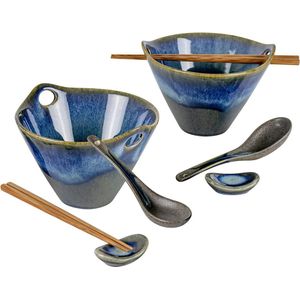 Keramische ramenkom, noedel-soepkommen met eetstokjes, lepel en lepelrust, Japans servies Ramen Bowl blauwe set voor Aziatische levensmiddelen noedels - 2 x 600 ml