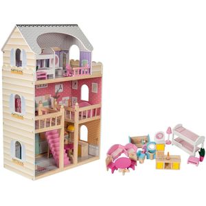 Poppenhuis Uitklapbaar met LED-Verlichting - Draagbaar Poppenhuis - Houten Mini Poppenhuis - Poppenhuis Meubels - Poppetjes - Barbie Huis - Speelhuis met Kamer Meubels - Accessoires - ‎Geel - 3 Jaar