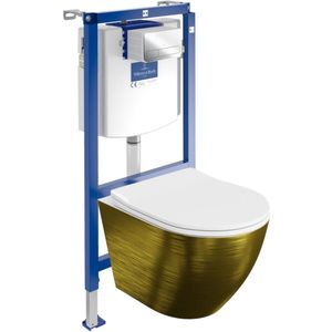 Villeroy&Boch Inbouwreservoir Complete Toiletset ViConnect H112 - Inbouw WC Hangtoilet Wandcloset SOFI SLIM BRUSHED GOLD - Bedieningsplaat Chroom - Voorwandelement voor toilet - Installatiesysteem