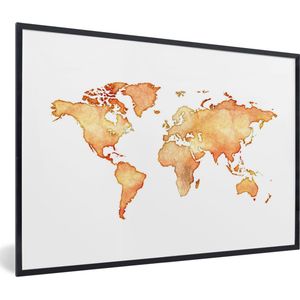 Fotolijst incl. Poster - Wereldkaart - Oranje - Waterverf - 90x60 cm - Posterlijst