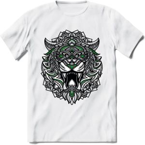 Tijger - Dieren Mandala T-Shirt | Groen | Grappig Verjaardag Zentangle Dierenkop Cadeau Shirt | Dames - Heren - Unisex | Wildlife Tshirt Kleding Kado | - Wit - XL