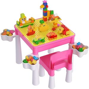 SHOP YOLO - Activiteiten tafel - Speeltafel voor kinderen - 128 stuks Grote Bouwstenen - inclusief 1 Stoel - Roze