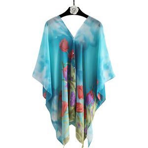 Emilie Scarves - pareo - strand poncho - bloemenprint - Turkoois