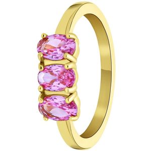 Lucardi Dames Stalen goldplated vintage ring met drie roze zirkonia - Ring - Staal - Goudkleurig - 17 / 53 mm