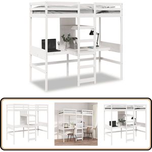 vidaXL Hoogslaper met bureau en schappen grenenhout wit 90x200cm