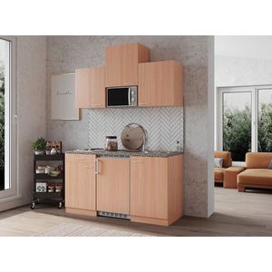 Goedkope keuken 150  cm - complete kleine keuken met apparatuur Gerda - Beuken/Beuken - elektrische kookplaat  - koelkast  - magnetron - mini keuken - compacte keuken - keukenblok met apparatuur