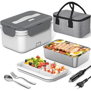 S&Dshopline® - 100 W elektrische lunchbox voor volwassenen, 3-in-1, 12/24/230 V, thermo-lunchbox met bestek en geïsoleerde lunchzak, lekvrij, 1,8 l grote container, broodtrommel met vakken voor auto - Witte eurostekker