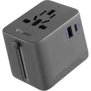 Goneo Reisstekker - Universele Wereldstekker met 1 USB-A en 1 USB-C Poorten - Automatische Resetfunctie - Voor EU, UK, US, AU, Azië - 20W Donkergrijs