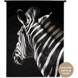 Wandkleed Dieren - Close-up van een zebra op een zwarte achtergrond Wandkleed katoen 120x160 cm - Wandtapijt met foto XXL / Groot formaat!