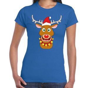 Foute Kerst t-shirt met de kerstman en rendier Rudolf blauw voor dames XS