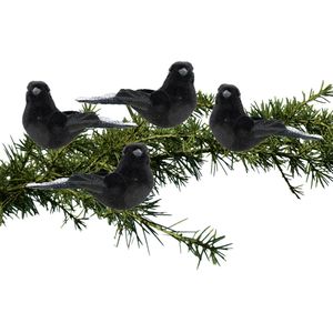 4x stuks kunststof decoratie vogels op clip zwart 12 cm - Decoratievogeltjes - Kerstboomversiering