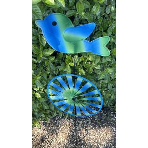 Windmolen met ""Gekleurde Vogel"" - meerkleurig + blauw/groen - nylon + kunststof steker- dia 28 cm x hoogte 83 cm - Tuinaccessoires - Tuinstekers