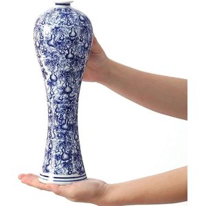 China Keramische vaas blauw en wit porselein Chinese handgemaakte decoratieve bloemenvaas voor woonkamer, woondecoratie, kantoor, tafel middelpunt (33cm)