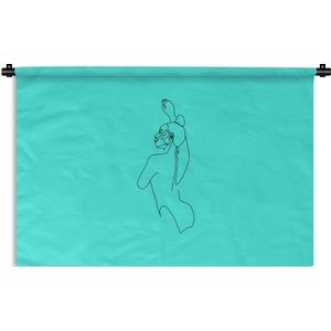 Wandkleed Line-art Vrouwengezicht - 12 - Line-art dansende vrouw op een blauwe achtergrond Wandkleed katoen 150x100 cm - Wandtapijt met foto