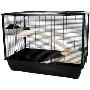 Hamsterkooi - Rattenkooi - Muizenkooi - Twee Verdiepingen - 77x58x47CM - Zwart