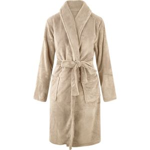 Unisex badjas fleece - sjaalkraag - zand - badjas heren - badjas dames - maat XL/XXL