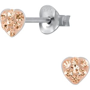 Joy|S - Zilveren petit hartje oorbellen - 4 mm - peach kristal - kinderoorbellen