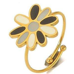 Ring Bloem- RVS - One Size - Goudkleurig - Clover - Klavertje Grijs/Wit/Zwart - 1,36cm doorsneede