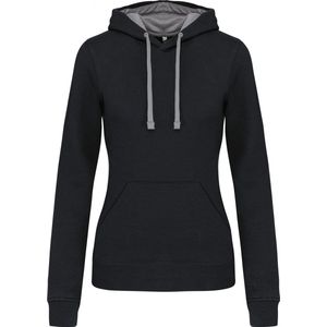 K465 - Damessweater kleur Zwart met capuchon in contrasterende kleur lichtgrijs, maat L