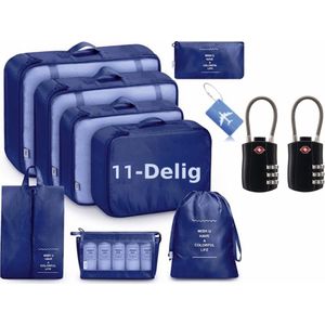 AUM Packing Cubes set 11-delig - Met TSA Cijfersloten & Bagagelabel - Compressie Packing Cubes - koffer organizer set - toilettas - packing cubes - compression cube - Kleding organizer voor koffers - Blauw