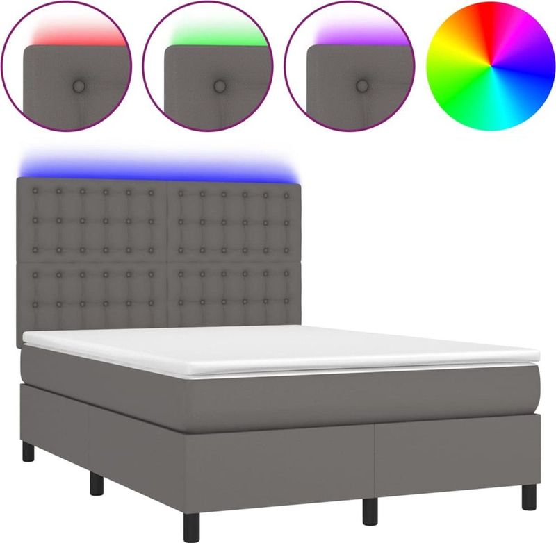 vidaXL - Boxspring - met - matras - en - LED - kunstleer - grijs - 140x200 - cm