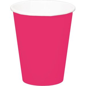 24x stuks drinkbekers van papier fuchsia roze 350 ml - Uni kleuren thema voor verjaardag of feestje