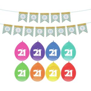 Haza Verjaardag 21 jaar geworden versiering - 16x thema ballonnen/1x Happy Birthday slinger 300 cm