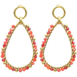 Oorbellen met Glaskralen - Oorhangers - RVS - 5,5x3 cm - Oranje en Rood