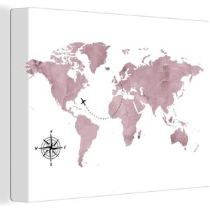 Wanddecoratie Wereldkaart - Roze - Vliegtuig - Canvas - 160x120 cm