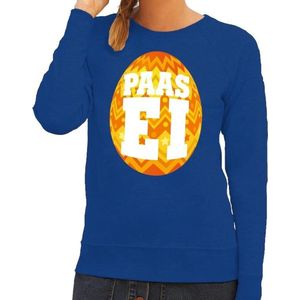 Blauwe Paas sweater met oranje paasei - Pasen trui voor dames - Pasen kleding L