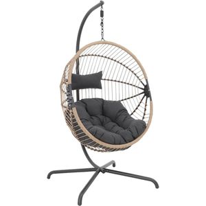 Hangstoel Harmony - Bruin Wicker - Opvouwbaar - Zwart Frame - Grijs kussen - Basketmaat 97*68*120cm - Voor Buiten en Binnen