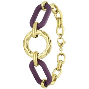 Lucardi Dames Stalen goldplated armband met donker paarse schakels - Armband - Staal - Goudkleurig - 20 cm