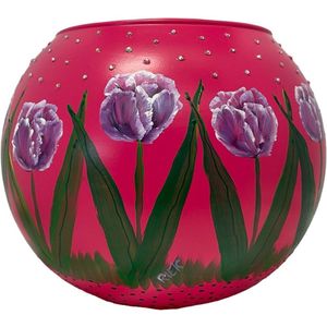 Handbeschilderde design bol vaas roze met tulpen