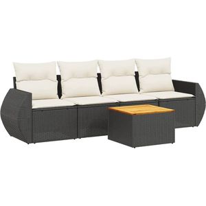 vidaXL - 5-delige - Loungeset - met - kussens - poly - rattan - zwart