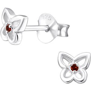 Joy|S - Zilveren vlinder oorbellen - 5 mm - rood kristal - oorknopjes voor kinderen