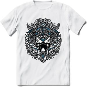 Tijger - Dieren Mandala T-Shirt | Blauw | Grappig Verjaardag Zentangle Dierenkop Cadeau Shirt | Dames - Heren - Unisex | Wildlife Tshirt Kleding Kado | - Wit - M
