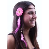 Hoofdbandje hippie / ibiza met bloem pink en veren