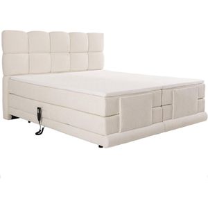 Vente-unique Complete set boxspringbed met hoofdbord + elektrische relaxbedbodems + matras + dekmatras - 2 x 90 x 200 cm - Boucléstof - Beige - OMILA van PALACIO L 218 cm x H 136 cm x D 194 cm