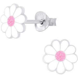 Joy|S - Zilveren madelief bloem oorbellen - 7 mm - wit met glitter roze