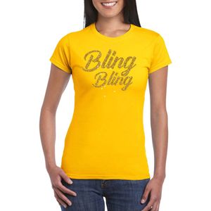 Bellatio Decorations Glitter glamour feest t-shirt dames - bling bling goud - geel - feestkleding XL